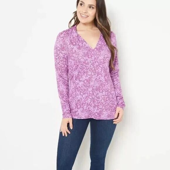 Isaac Mizrahi Live! Women's Floral V-Neck Top - Deep Purple - Size Small - Picture 1 of 6